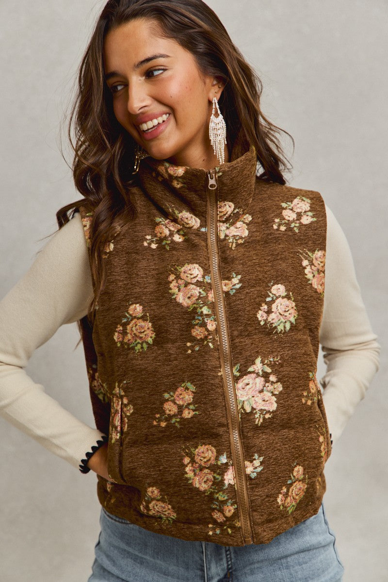 Floral Jacquard Quilted High Neck Vest