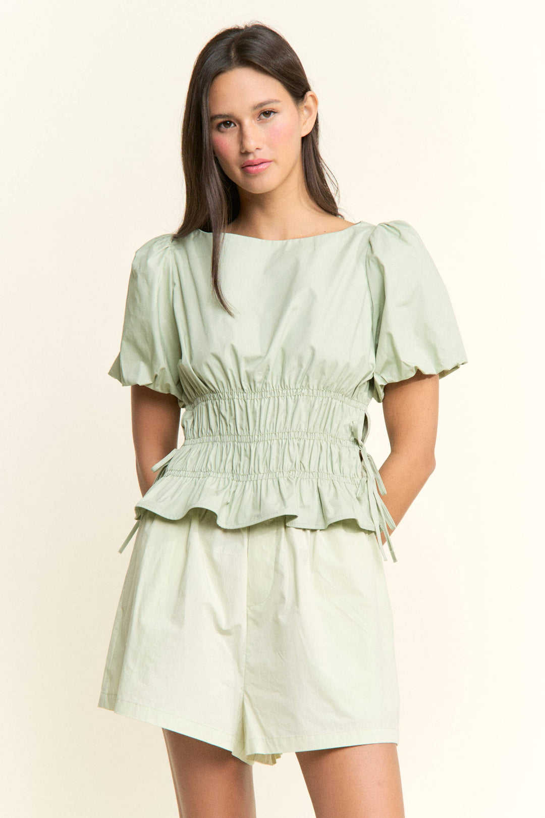 Boat Neckline Smocked Puff Sleeves Top: