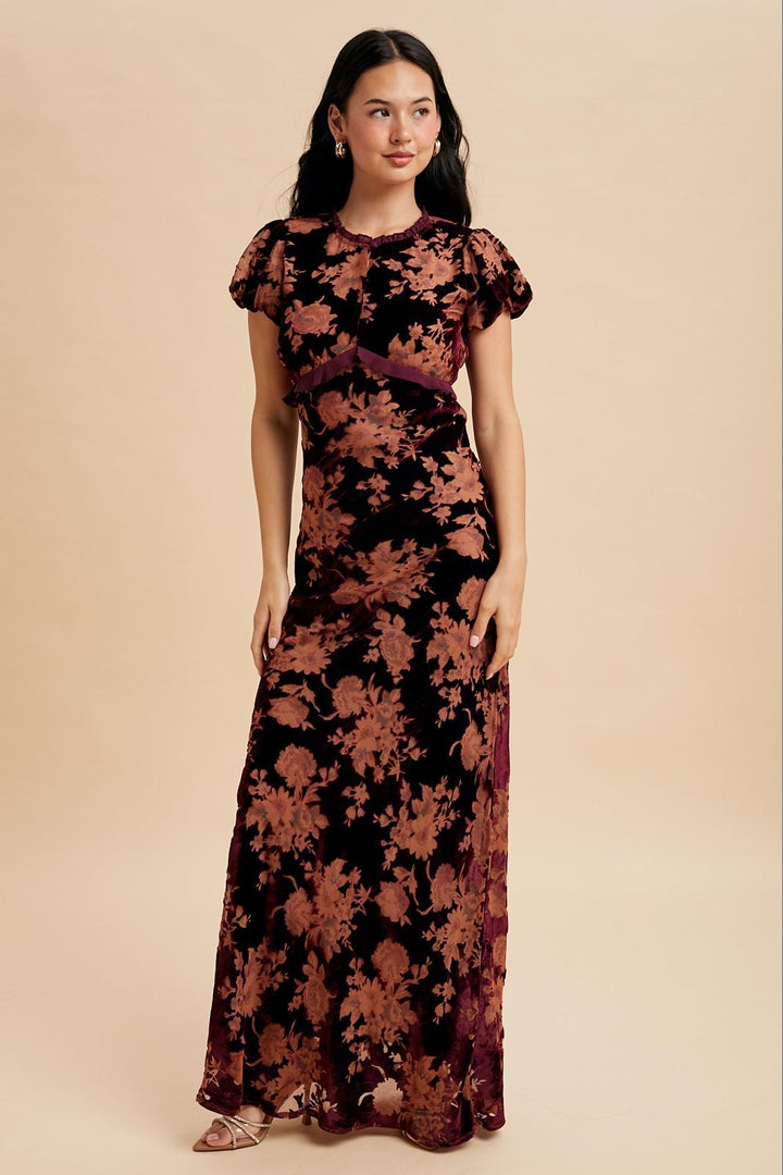 Burnout Velvet Ruffle Maxi Dress
