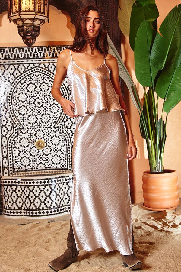 Silky Bias Cut Side Slit Solid Midi Skirt