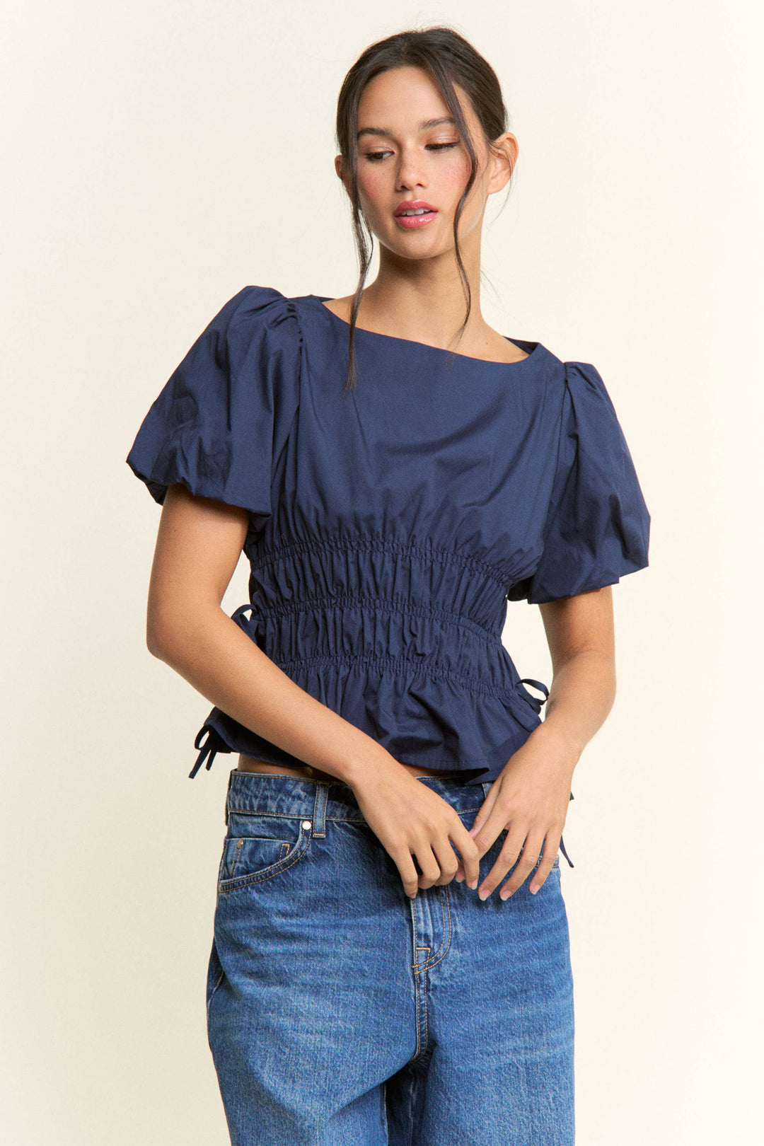 Boat Neckline Smocked Puff Sleeves Top: