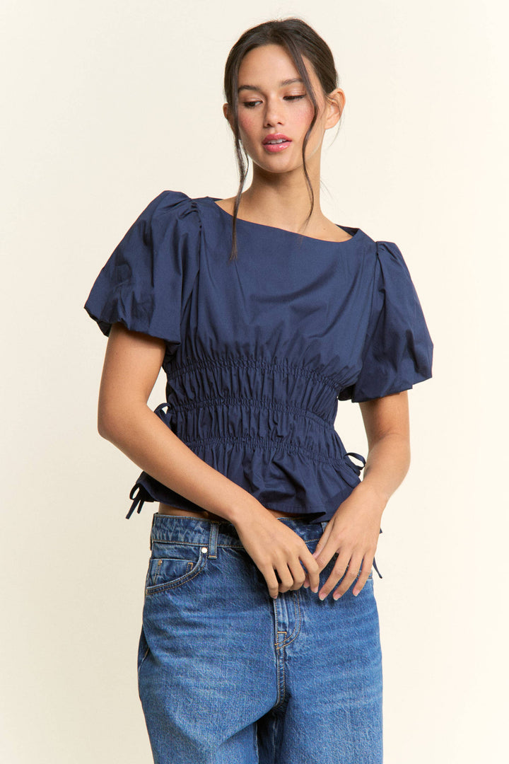 Boat Neckline Smocked Puff Sleeves Top: