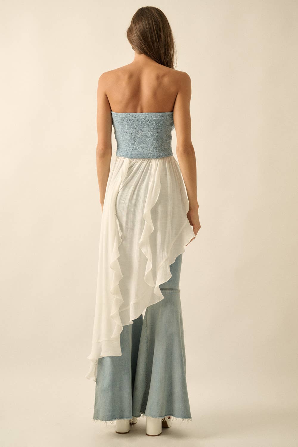 Tencel Denim &amp; Gauze Strapless Ruffled Maxi
