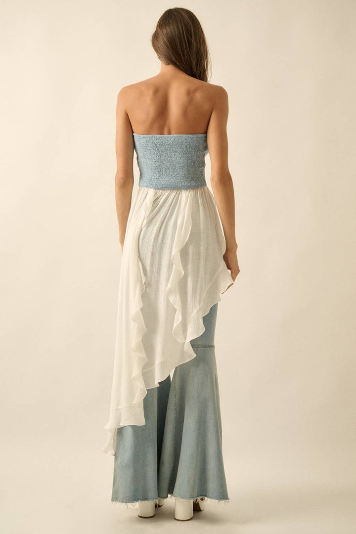 Tencel Denim &amp; Gauze Strapless Ruffled Maxi