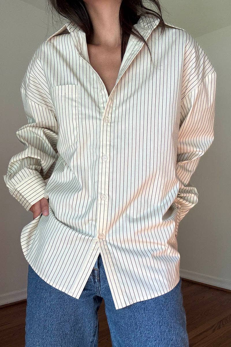 OVERSIZED PIN STRIPE BUTTON UP SHIRT