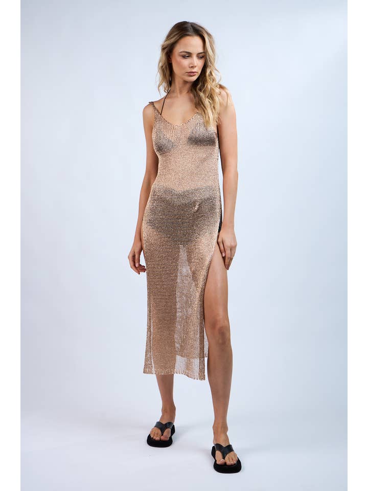 Golden Mesh Knit Slit Midi Dress