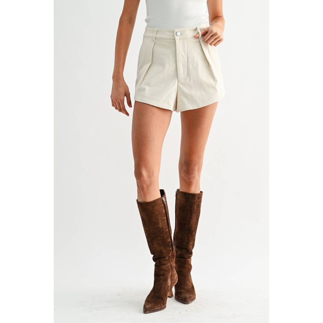 HIGH-WAISTED PLEATED COTTON SHORTS