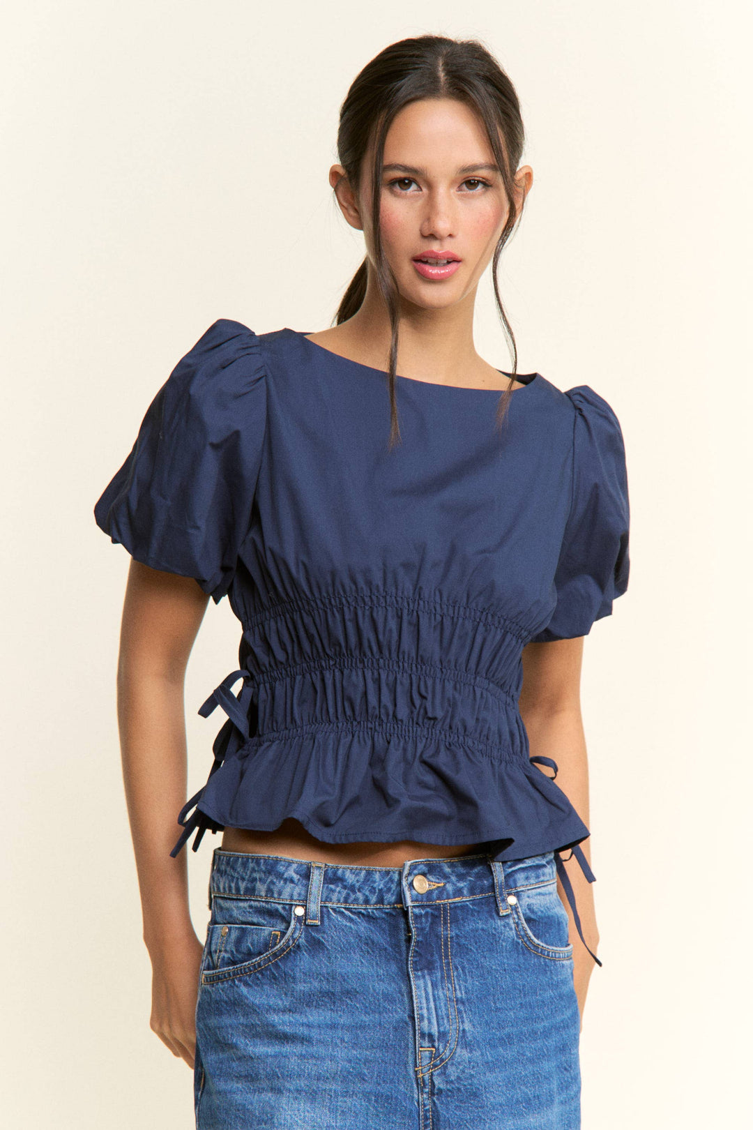 Boat Neckline Smocked Puff Sleeves Top: