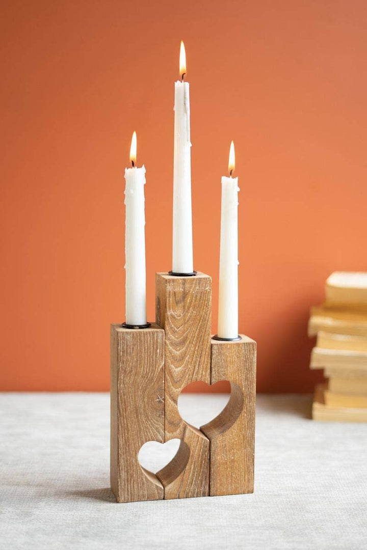 Triple Reclaimed Heart Wood Taper Candle Holder