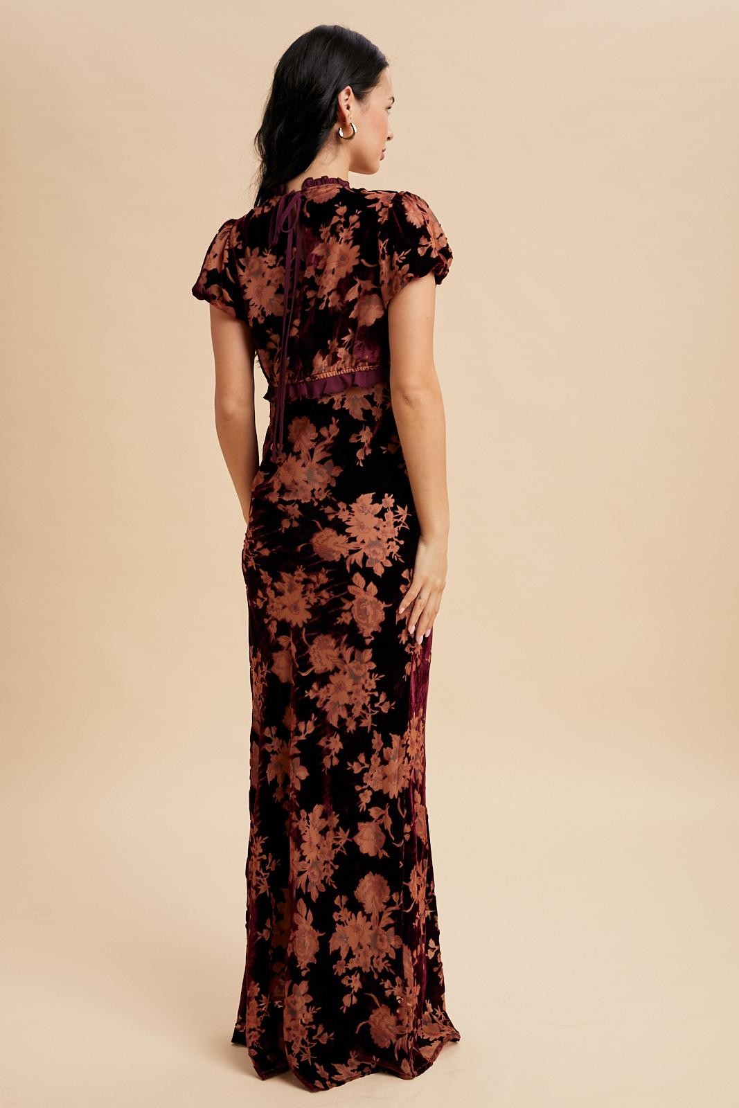 Burnout Velvet Ruffle Maxi Dress