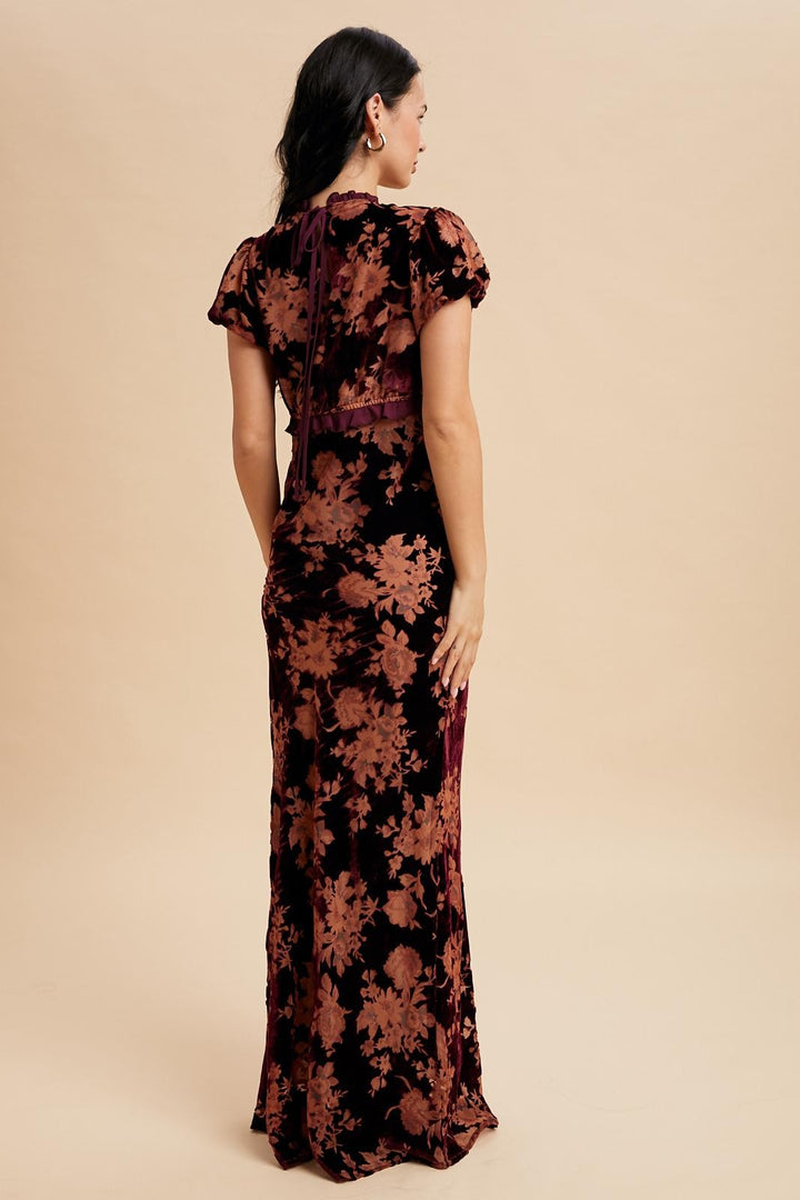 Burnout Velvet Ruffle Maxi Dress