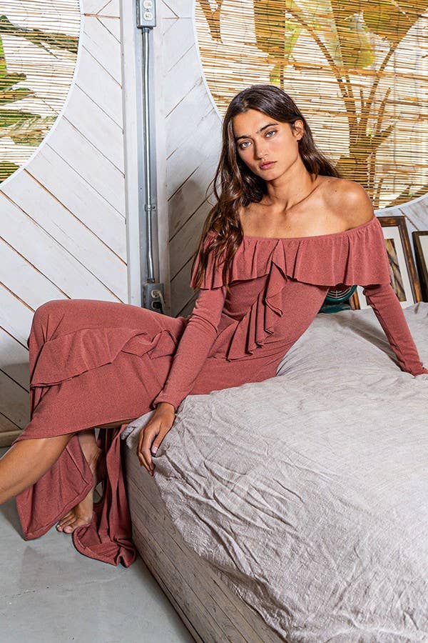 Off Shoulder Ruffle Fitted Solid Maxi Dress