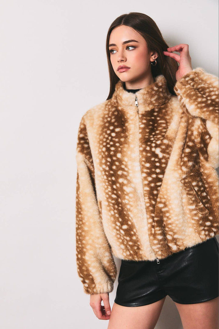 Faux Deer Print Zip Jacket