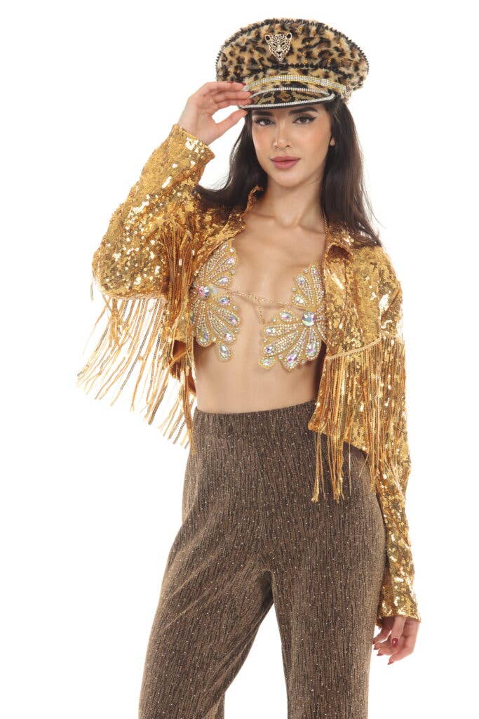 Sequin jacket with fringes-Gold: