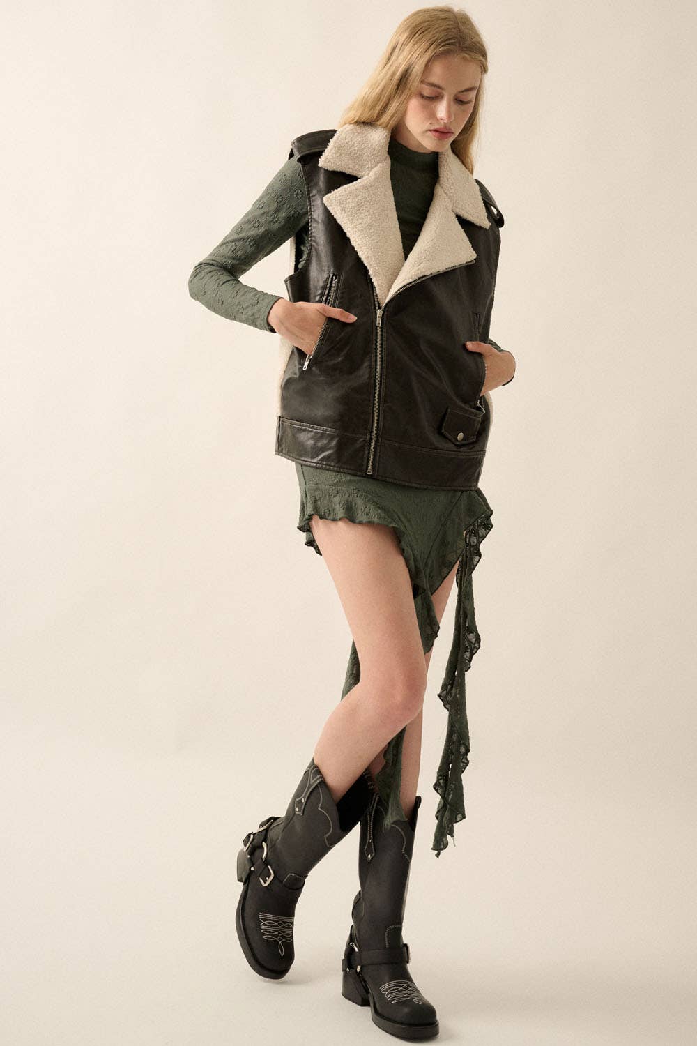 Vegan Leather &amp; Fleece Motorcycle Vest