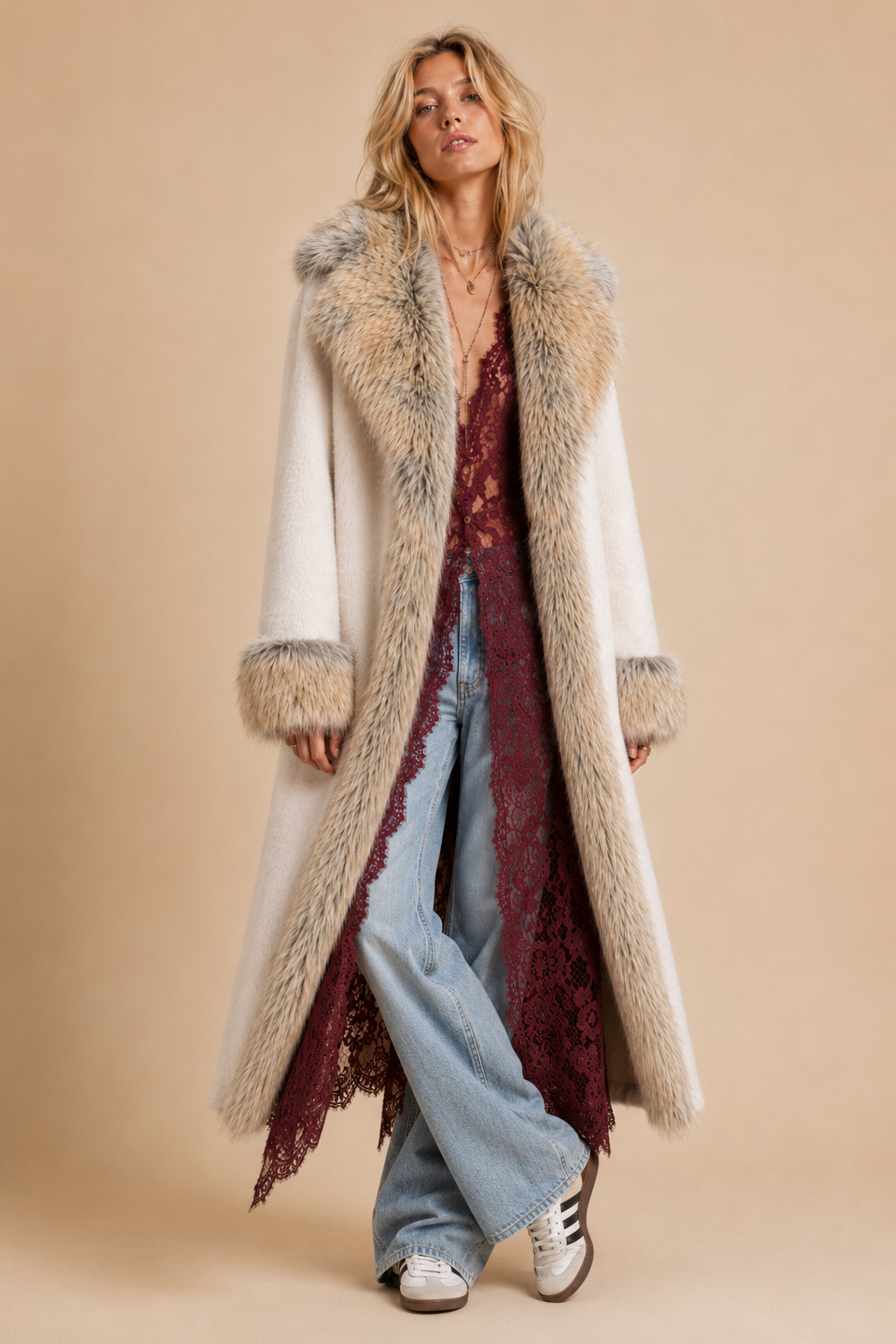 Luxe Faux Fur Trim Longline Coat