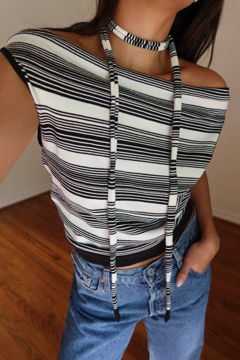 Striped Boat Neck Top W Scarf