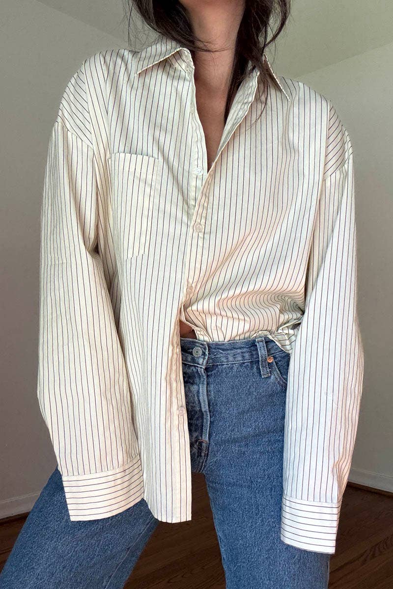 OVERSIZED PIN STRIPE BUTTON UP SHIRT