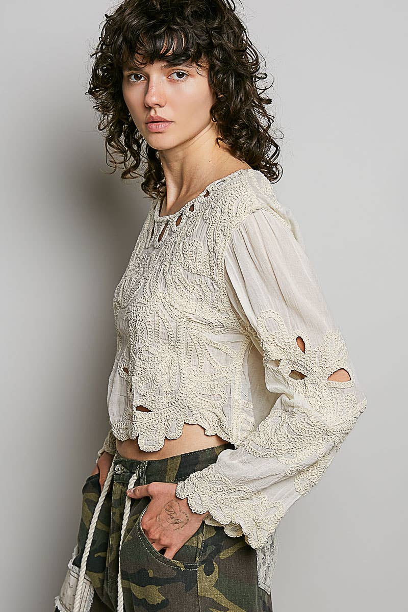 Cropped Long Sleeve Solid Crochet Top