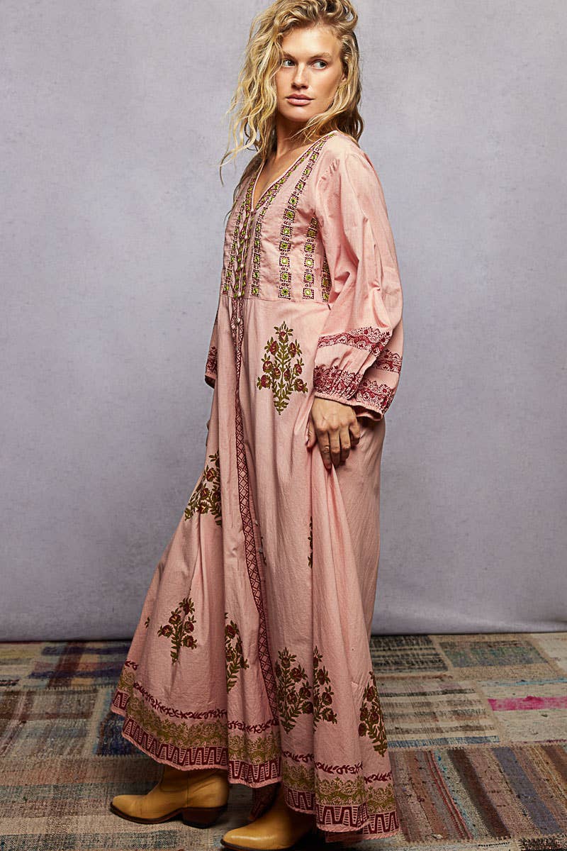 Embroidered Floral Print Maxi Dress