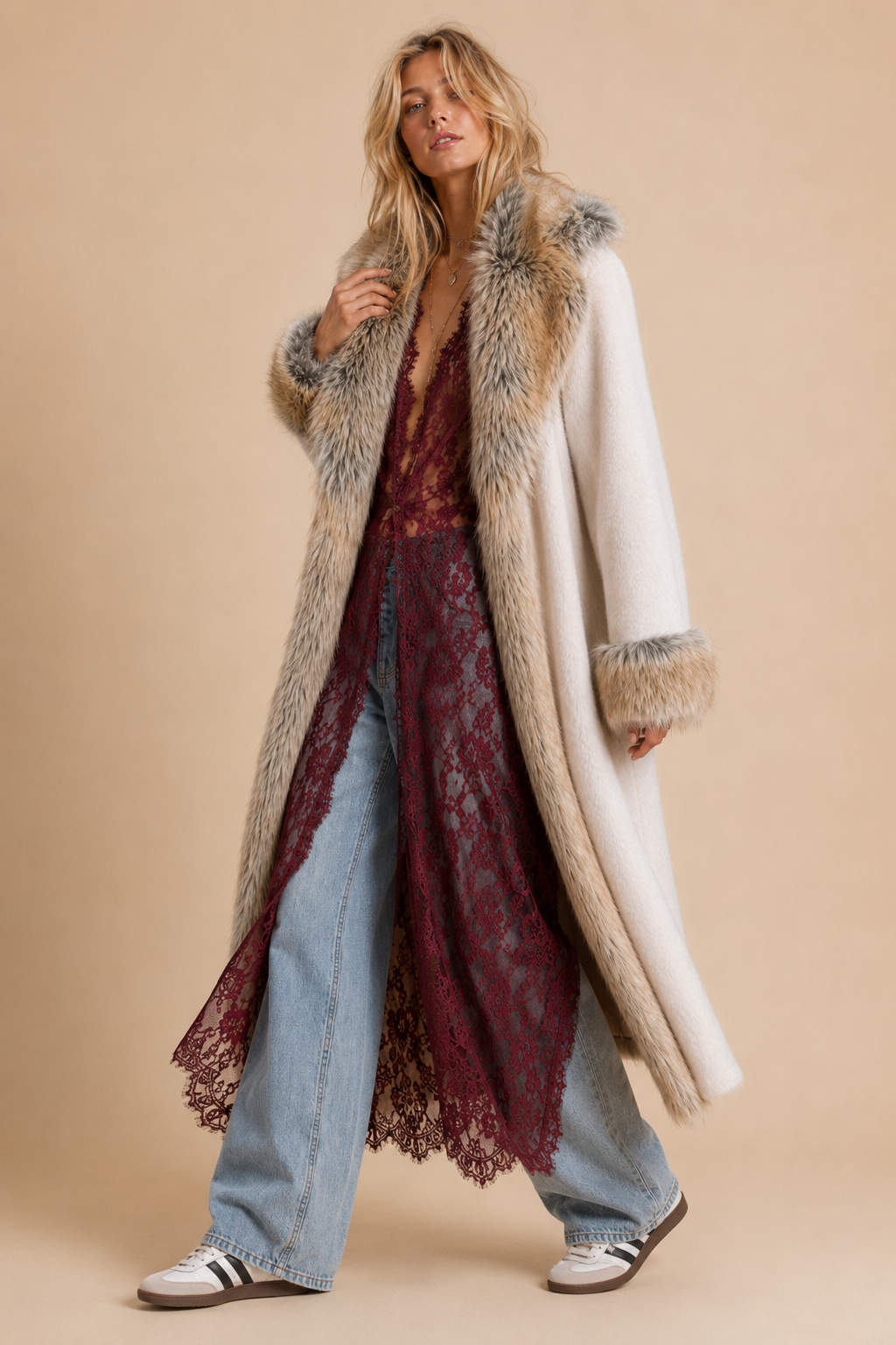 Luxe Faux Fur Trim Longline Coat