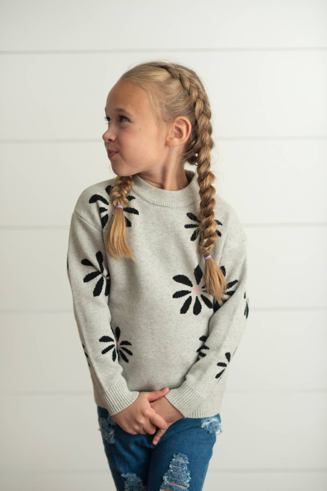 Light Gray Flower Crew Sweater