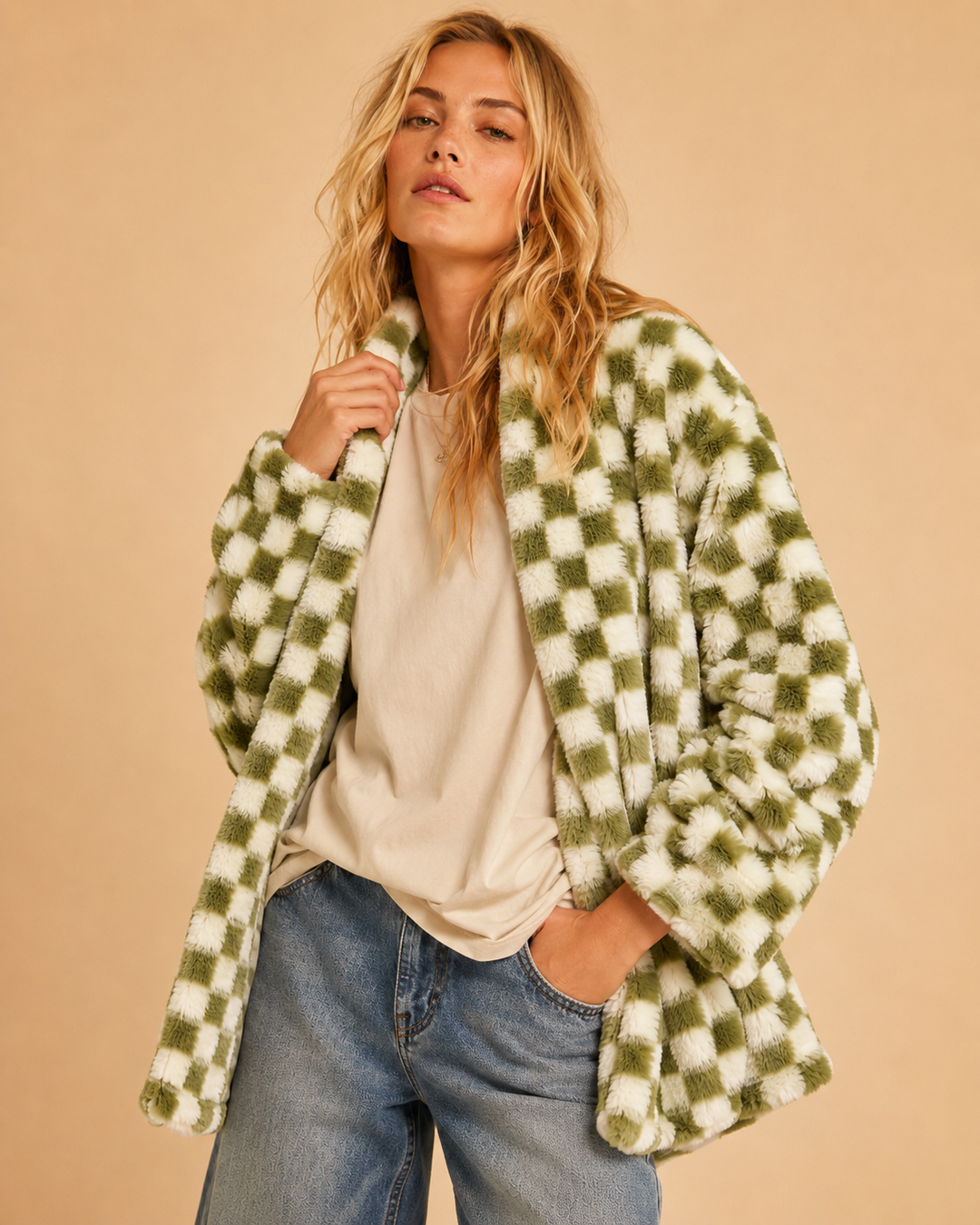Checkmate Faux Fur Cardigan Jacket