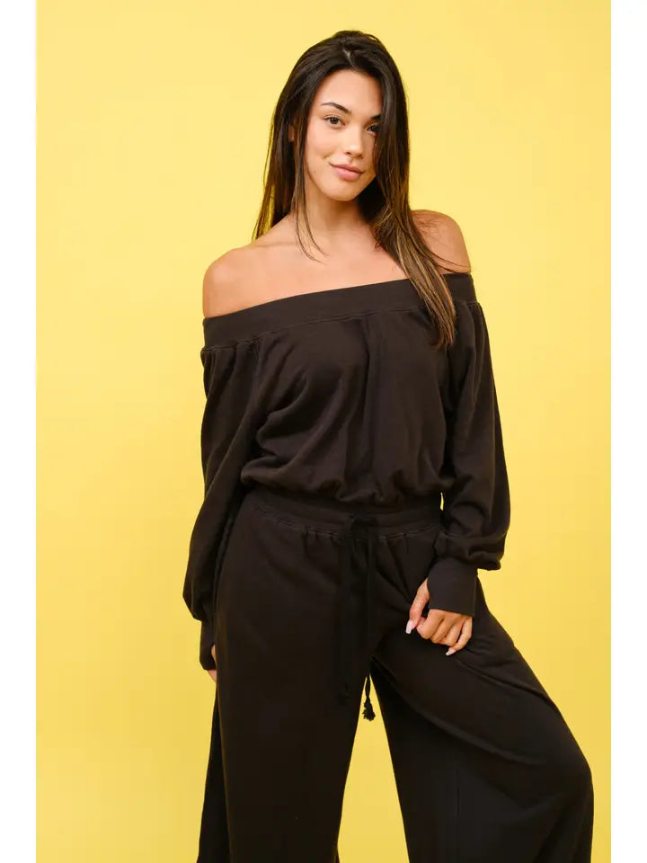 FRENCH TERRY OFF SHOULDER JUMPSUIT