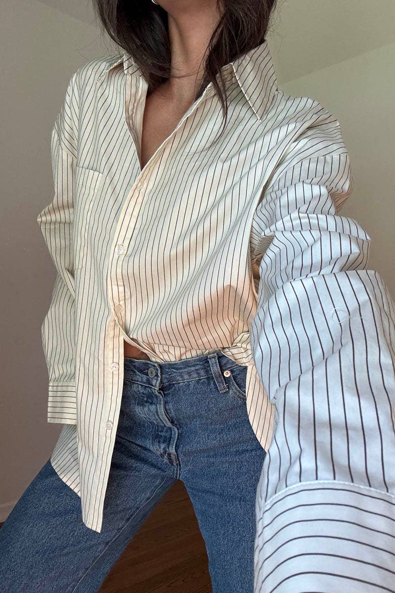 OVERSIZED PIN STRIPE BUTTON UP SHIRT