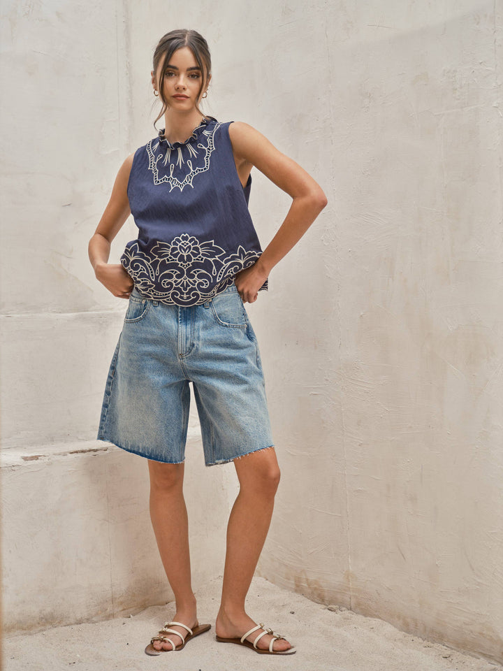 WIDE LEG RETRO BERMUDA DENIM SHORT