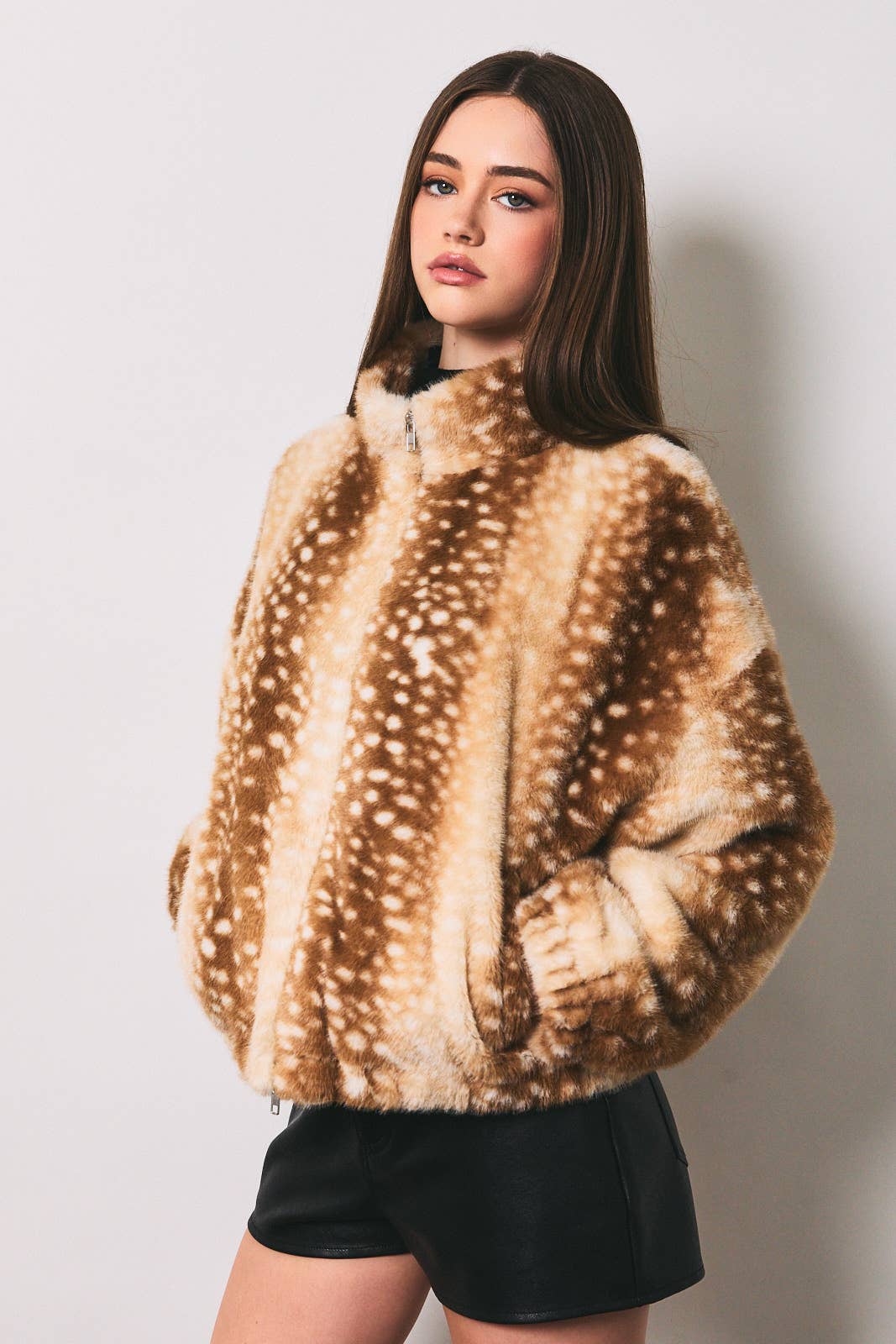 Faux Deer Print Zip Jacket