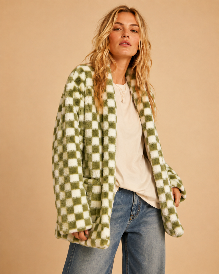 Checkmate Faux Fur Cardigan Jacket