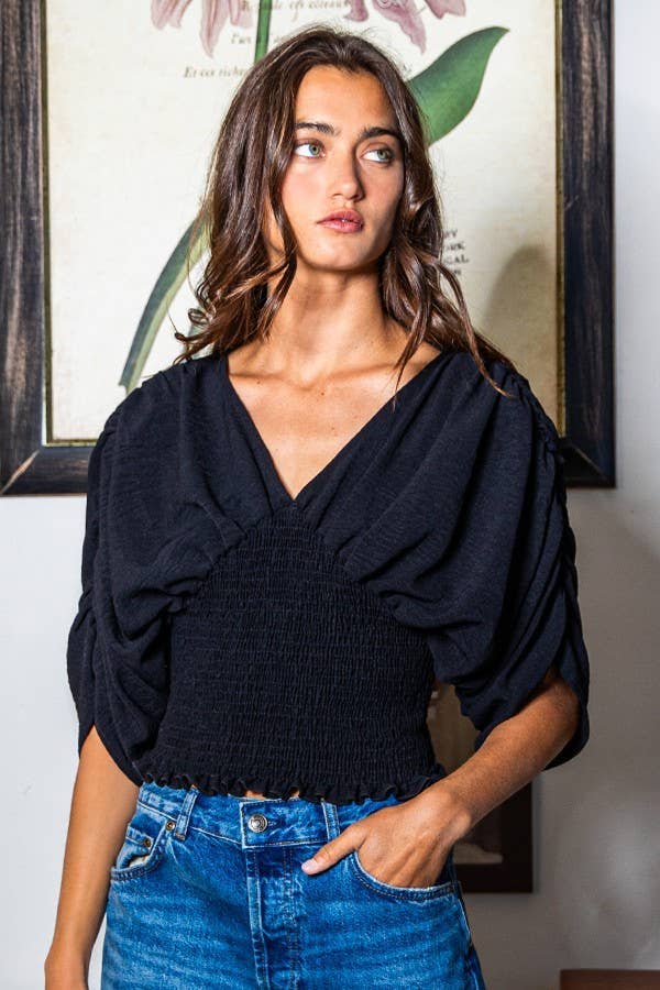 Ruched Dolman Sleeve Solid Blouse