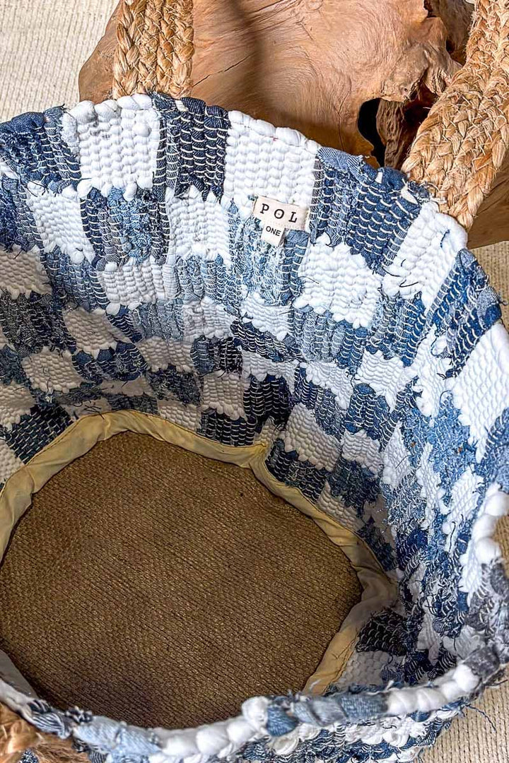 Ivory Denim Checker Woven Tote Bag