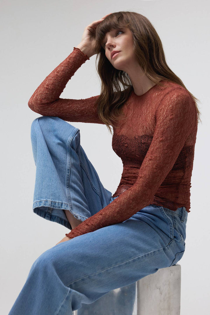 Crew neck See-through Lace Top