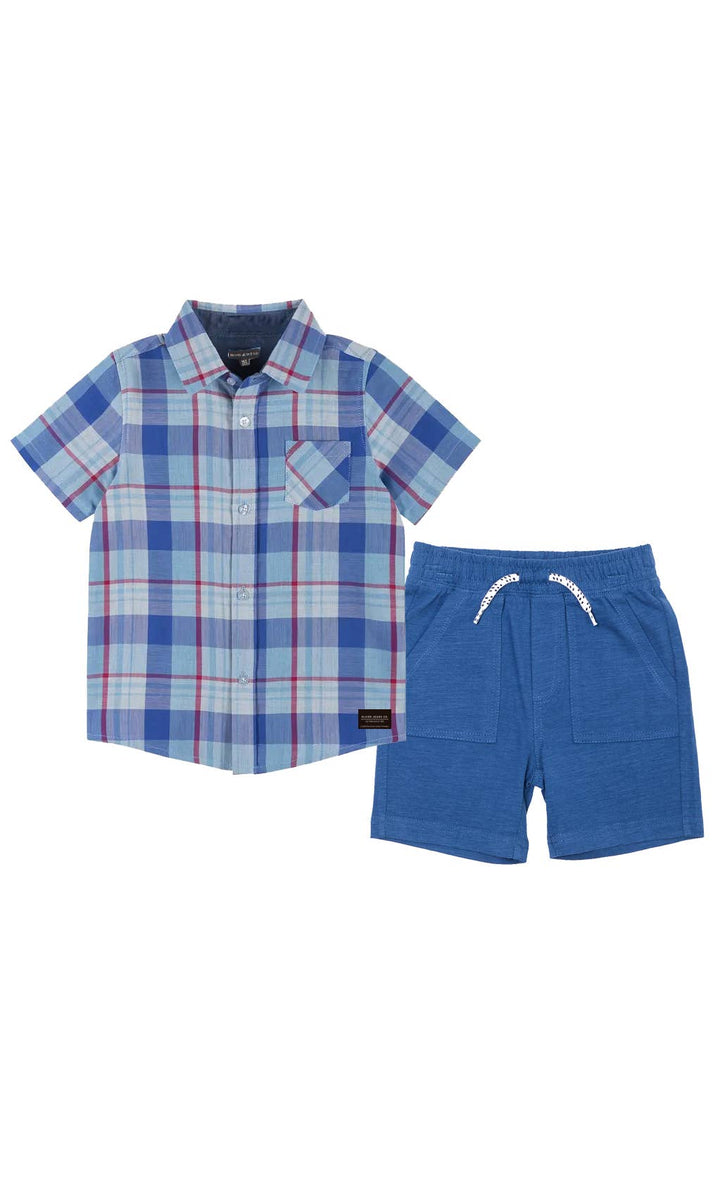 PLAID SHIRT & KNIT SHORTS: