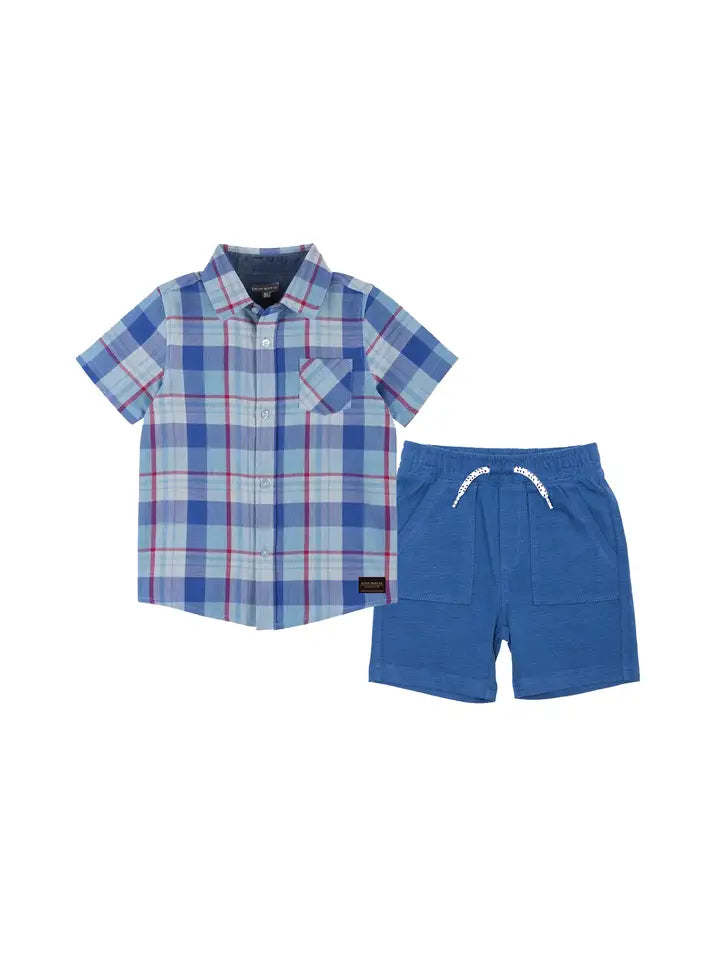 PLAID SHIRT & KNIT SHORTS: