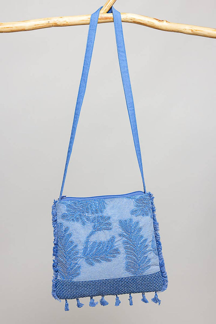 Handmade Embroidered Crossbody Denim Blue Bag: DENIM BLUE / Os