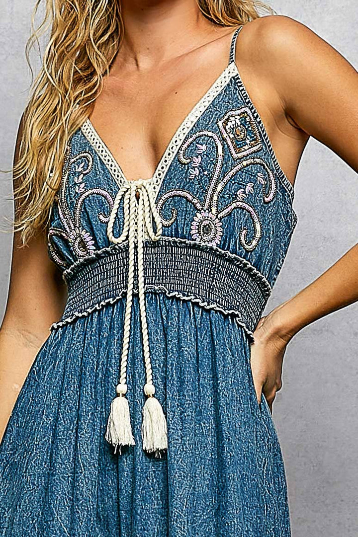 Embroidery Spangle Denim Dress