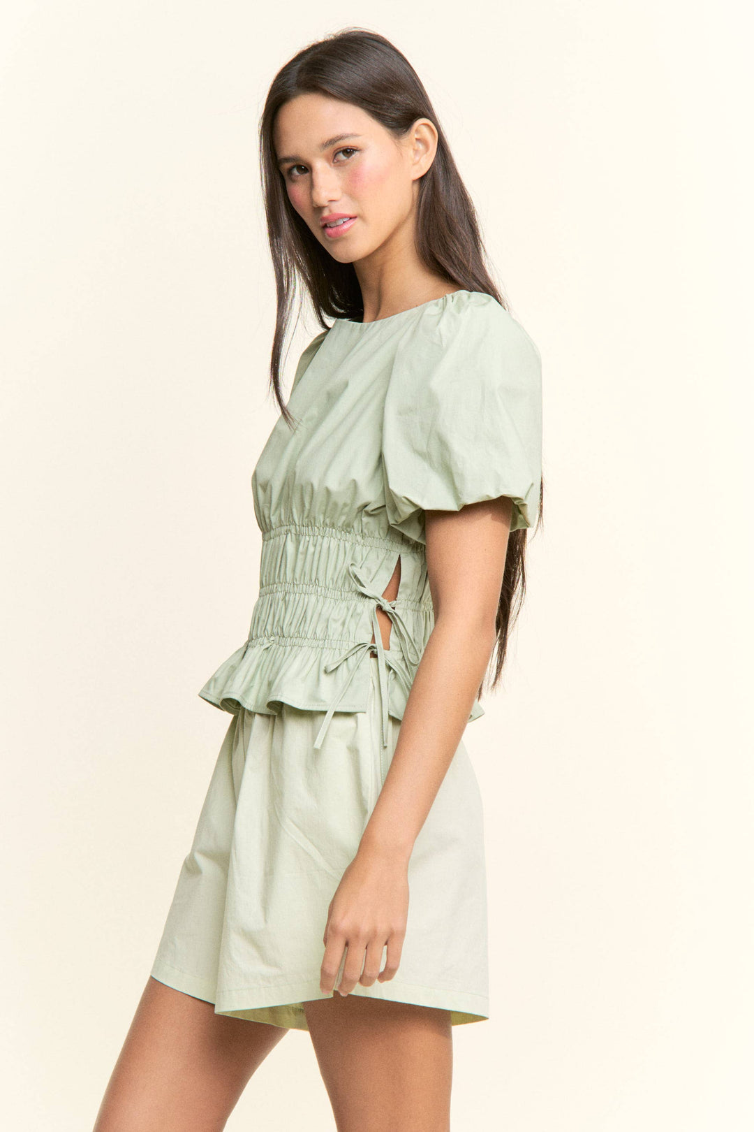 Boat Neckline Smocked Puff Sleeves Top:
