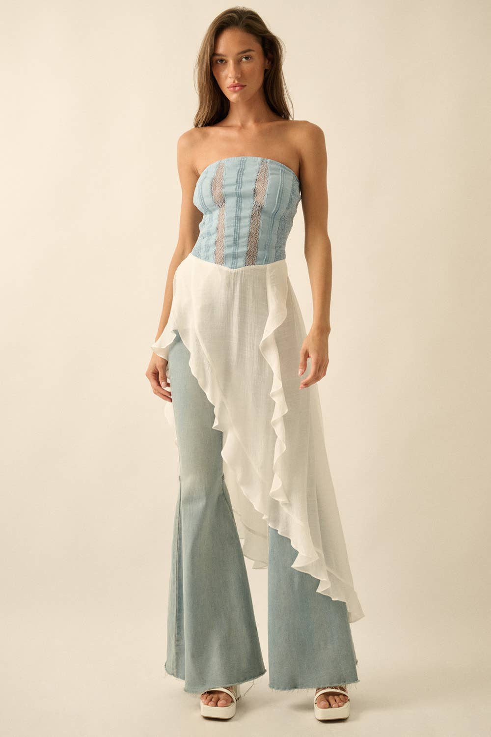 Tencel Denim &amp; Gauze Strapless Ruffled Maxi