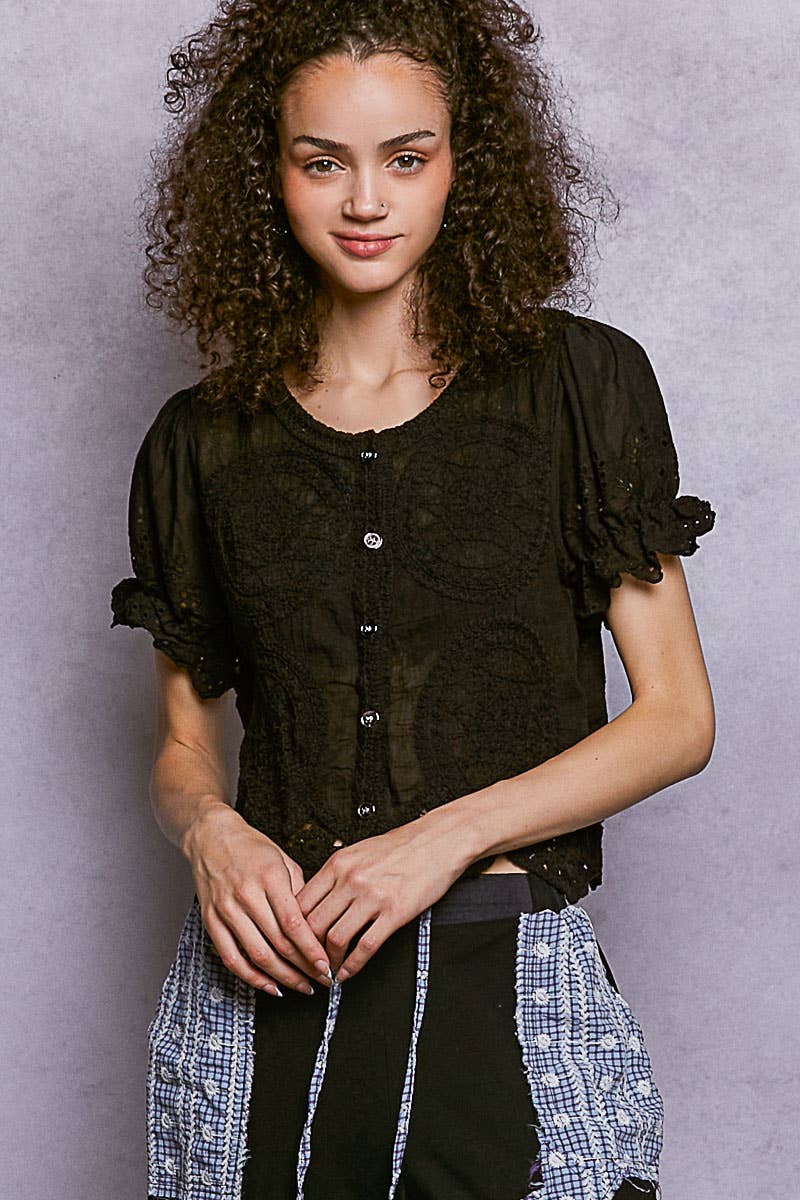 Round Neck Button Closure Crochet Top