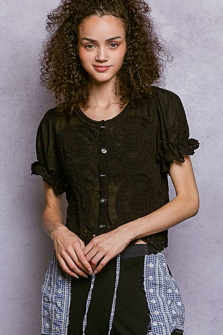 Round Neck Button Closure Crochet Top