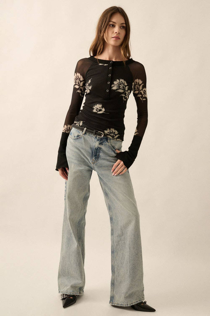 Floral-Print Mesh Top
