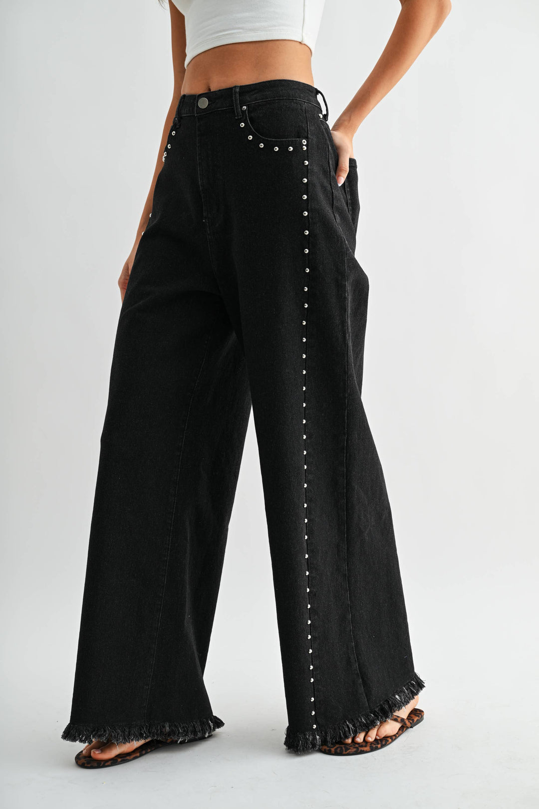 High-Waisted Black Wide-Leg Stud Jeans