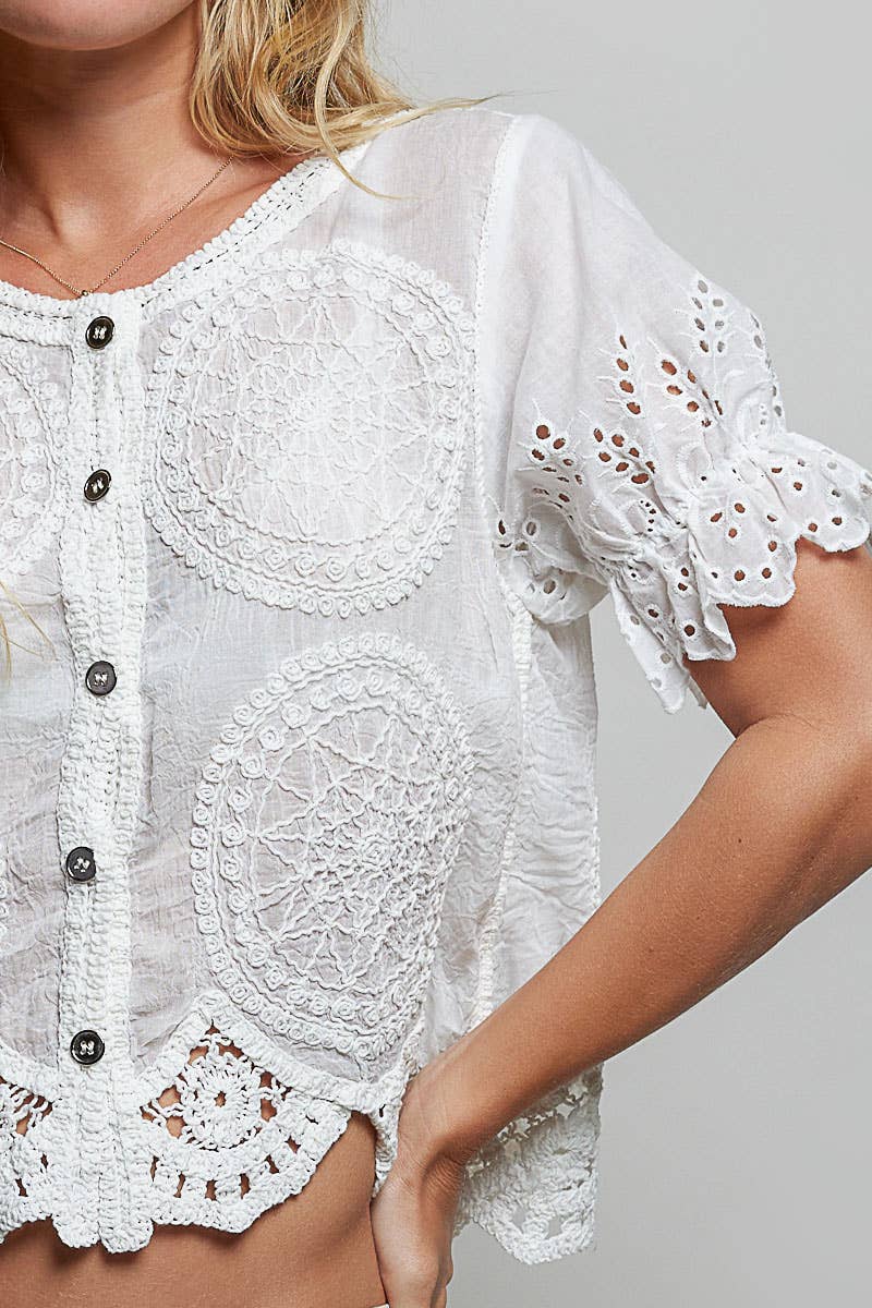 Round Neck Button Closure Crochet Top