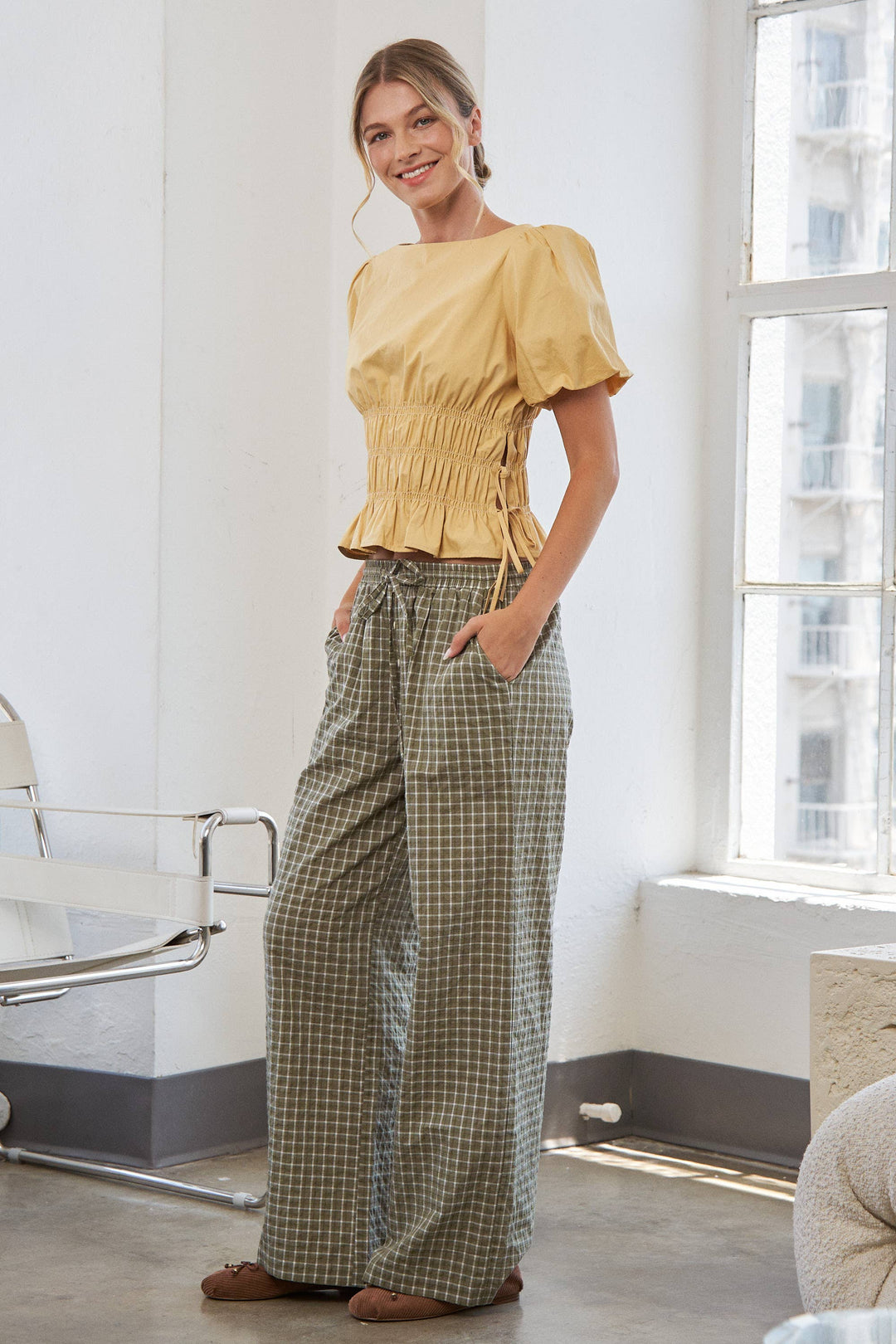 Boat Neckline Smocked Puff Sleeves Top: