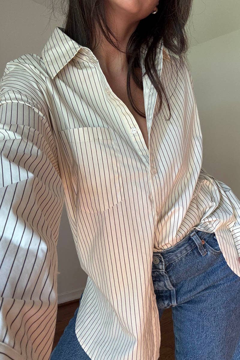 OVERSIZED PIN STRIPE BUTTON UP SHIRT
