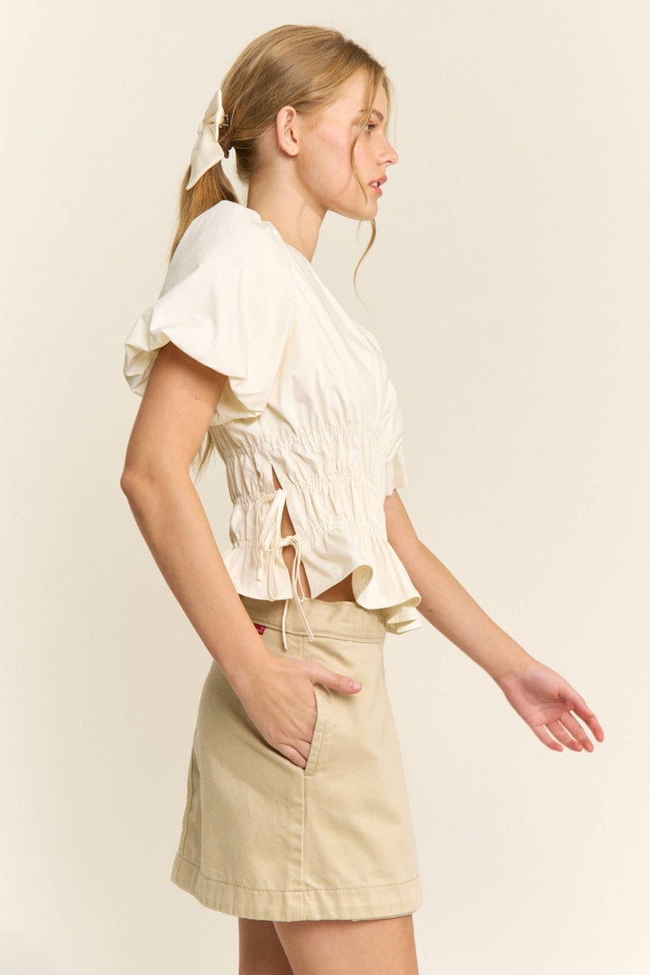 Boat Neckline Smocked Puff Sleeves Top: