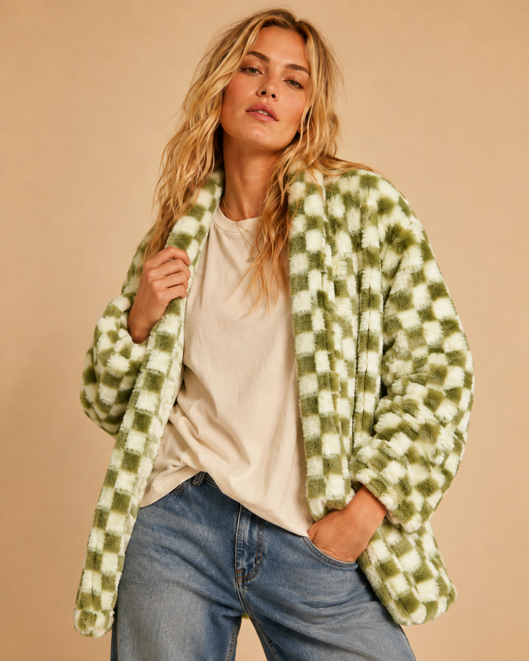 Checkmate Faux Fur Cardigan Jacket